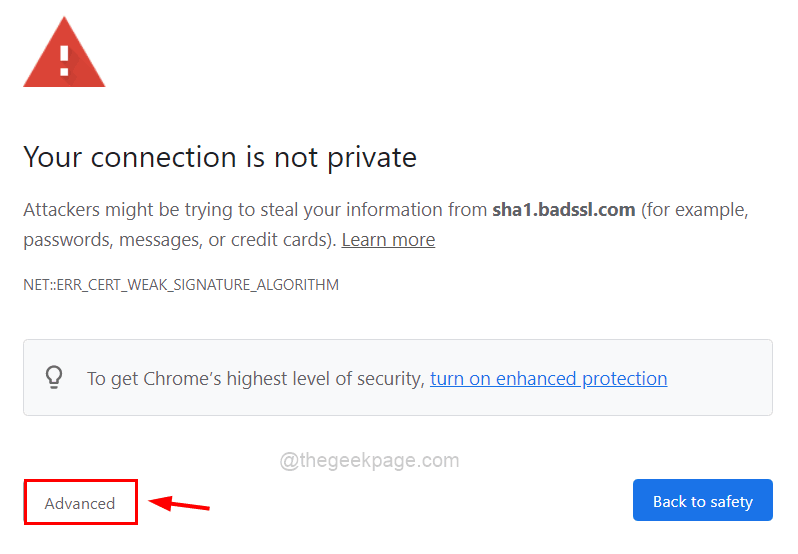 Klik op Geavanceerd Uw verbinding is niet privé 11zon