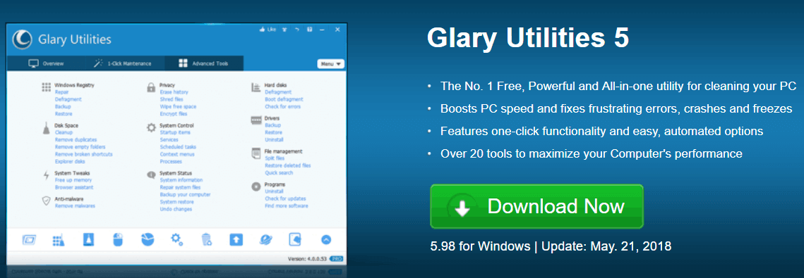 Descărcați Glary Utilities pe Windows 10, 8 pentru a repara computerul