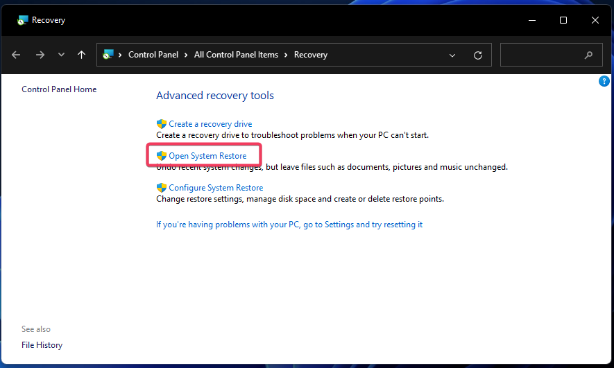 Atveriet opciju Sistēmas atjaunošanas atcelšanas draiveris Windows 11