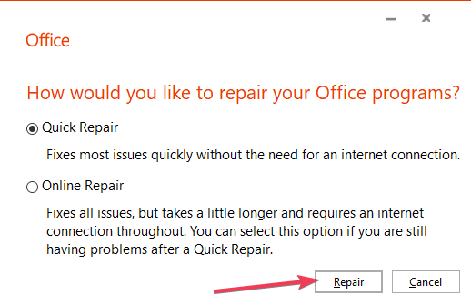 caracteristica de reparare Office 365