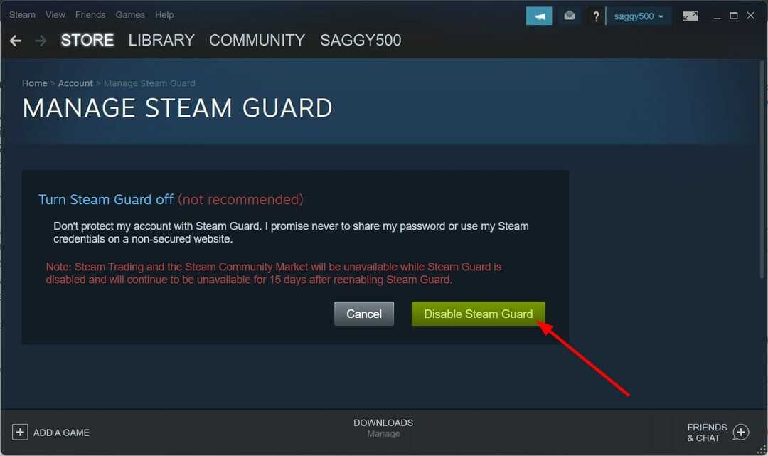 отключите Steam Guard, чтобы исправить код ошибки Steam e87.