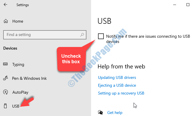 Права сторона USB Повідомте мене, якщо є проблеми з підключенням до пристроїв USB Зніміть прапорець