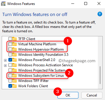 Windows-funktioner Fjern markeringen i Vm Wsl Min