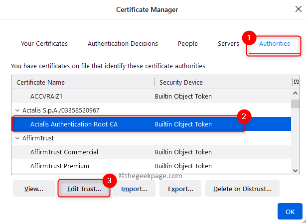 Firefox Certificate Manager Vertrauen für betroffenes Zertifikat bearbeiten Min