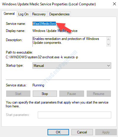 WindowsUpdateメディックサービスのプロパティWaasmedicsvcコピー