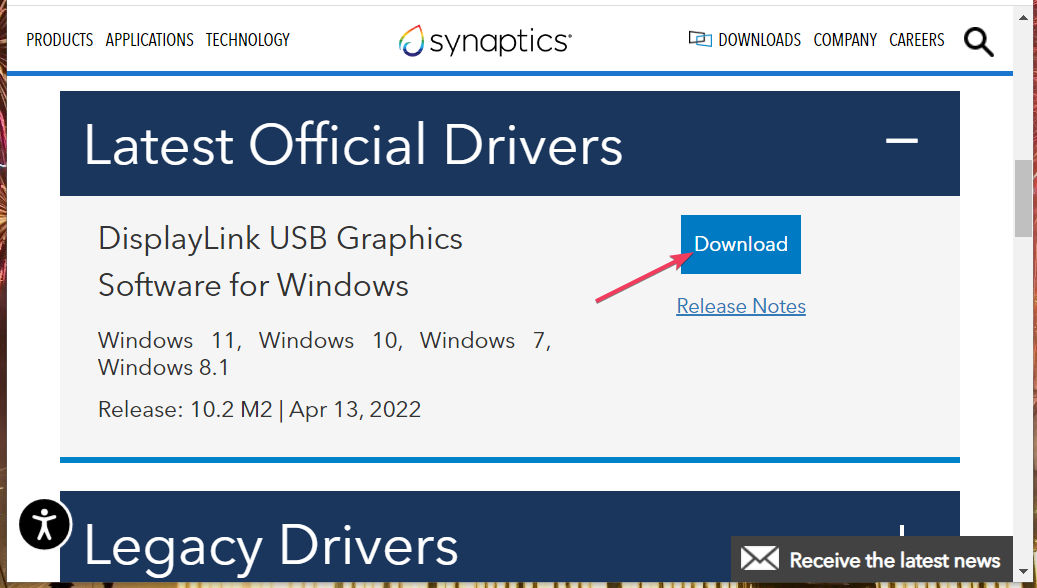 O botão Download exibe o driver do link windows 11
