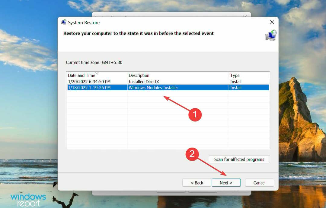 Изберете точка за възстановяване, за да коригирате грешката по време на изпълнение на Windows 11