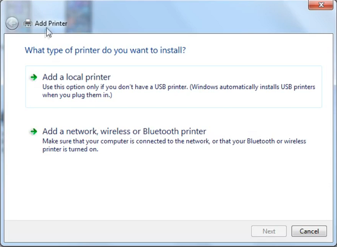 Okno Přidat tiskárnu instalace ovladačů tiskárny pro windows 7