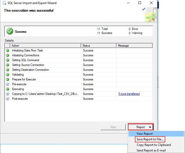 Report e seleziona Salva report su file: apri i file SQL .BAK in Excel
