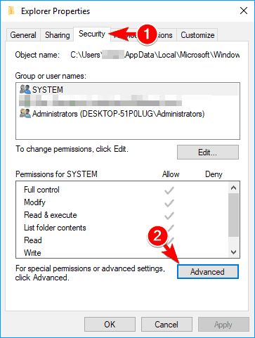 säkerhetsflikens exploreregenskaper png-miniatyrer visar inte Windows 10