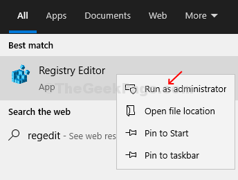 Ikona radne površine Windows Traži Regedit Desni klik Pokreni kao administrator uređivača registra