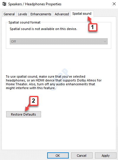 ऑडियो गुण स्थानिक ध्वनि टैब डिफ़ॉल्ट पुनर्स्थापित करें ठीक लागू करें