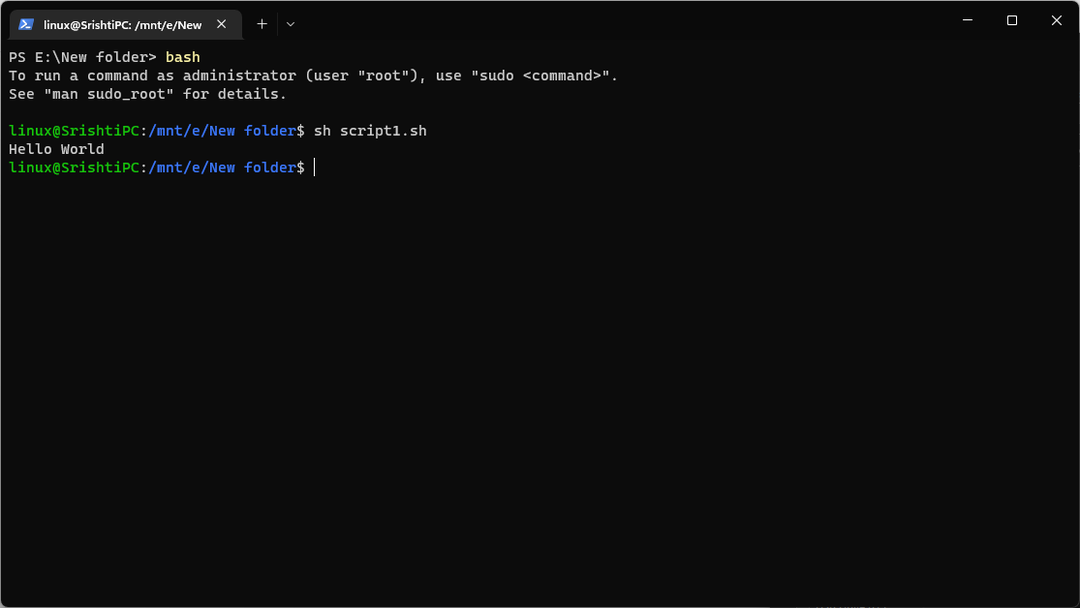 เอาต์พุต Hello world -Enter -shell script สำหรับ windows