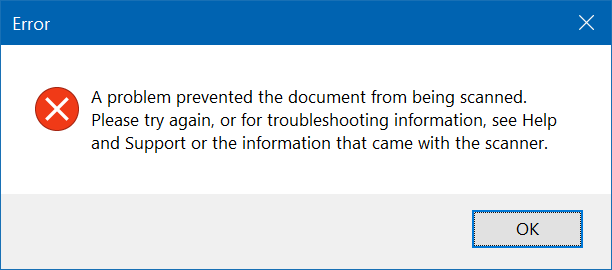 Ein Problem hat das Scannen des Dokuments verhindert. Bitte versuchen Sie es erneut oder finden Sie Informationen zur Fehlerbehebung in Hilfe und Support oder in den mit dem Scanner gelieferten Informationen.