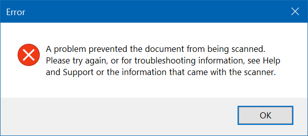 Problem uniemożliwił zeskanowanie dokumentu. Spróbuj ponownie lub aby uzyskać informacje dotyczące rozwiązywania problemów, zobacz Pomoc i obsługa techniczna lub informacje dostarczone ze skanerem.