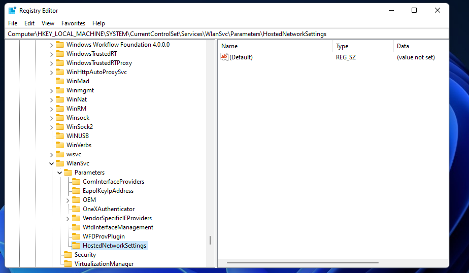 HostedNetworkSettings atslēga Windows 11 mobilais tīklājs nedarbojas