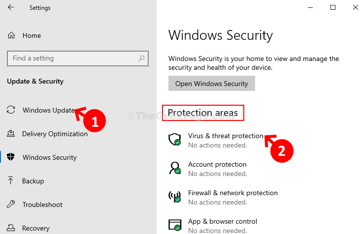 Proteção contra vírus e ameaças nas áreas de proteção de segurança do Windows