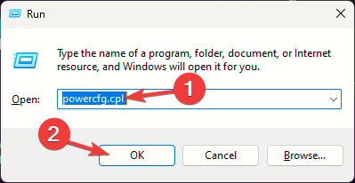 Sisestage powercfg.cpl ja klõpsake nuppu OK, et avada energiaplaanid – overwatch 2 jookseb Windows 11 pidevalt kokku