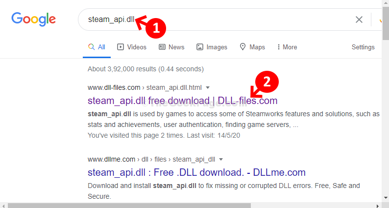 Google 검색 Steam API Dll 첫 번째 결과 클릭