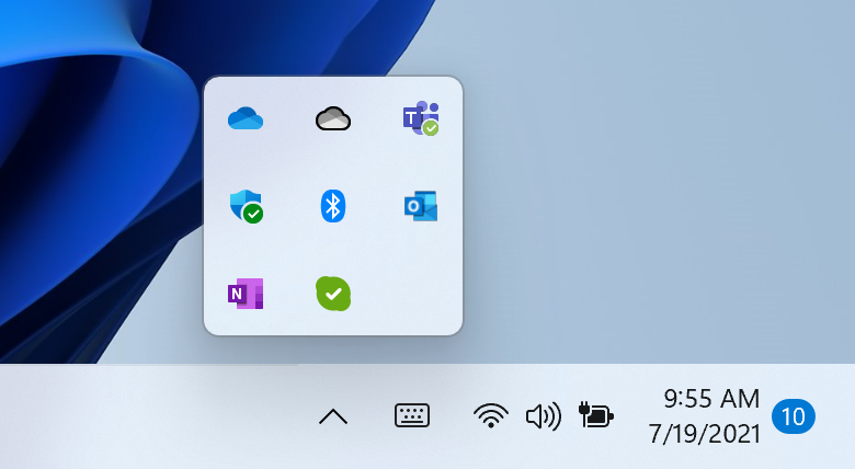 Das Flyout mit ausgeblendeten Symbolen in der Taskleiste wurde mit den neuen Windows 11-Visuals aktualisiert.