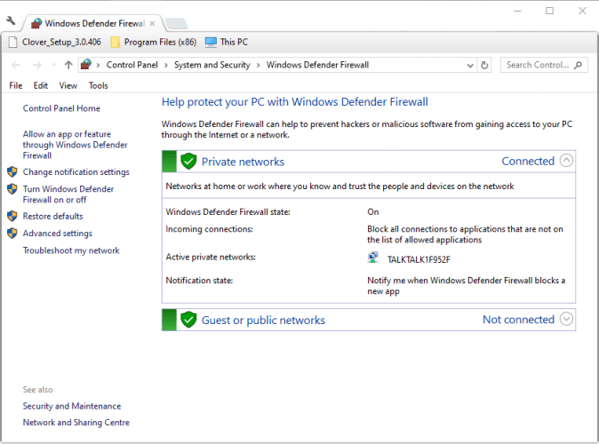 Windows Defenderin palomuuriikkunan Outlook-virhe 0x8004010f Windows 10