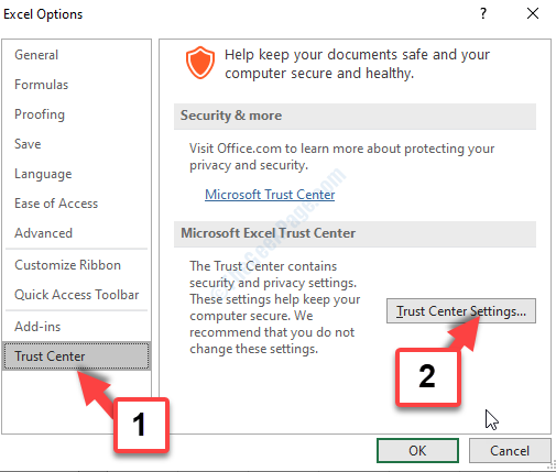 Excel Options Trust Center Trust Center Settings