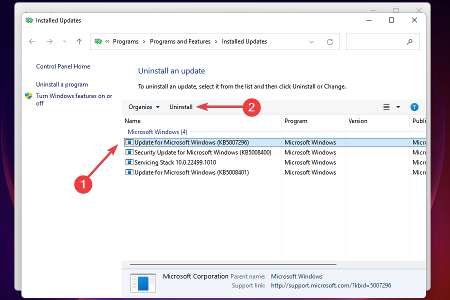 Wählen Sie das zu entfernende Update aus, um zu beheben, dass Maus und Tastatur beim Windows 11-Problem nicht funktionieren