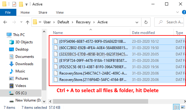 Ctrl + A सभी फाइलों और फ़ोल्डरों का चयन करने के लिए हटाएं दबाएं