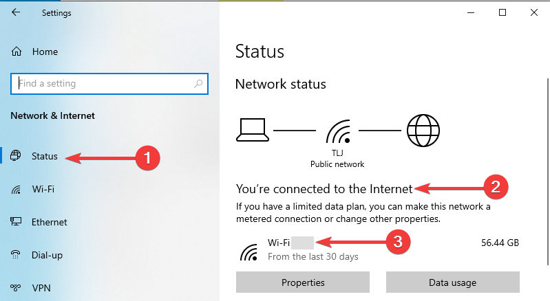 Windows 10 viser nettverksstatus