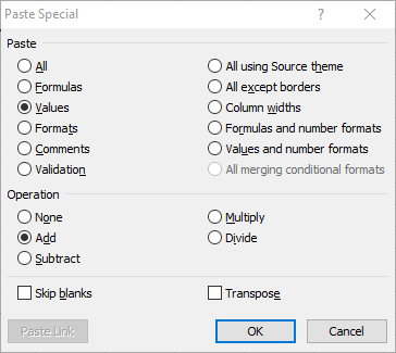 Pegar la hoja de cálculo de Excel de la ventana especial no se suma correctamente