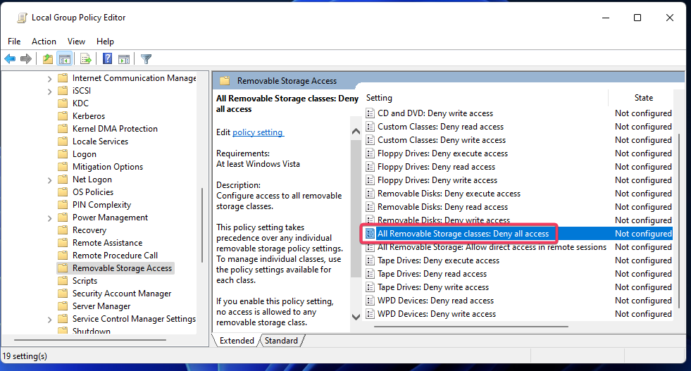 Alla flyttbara lagringsklasser policy hur man aktiverar usb-port blockerad av administratör