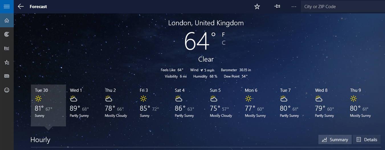 Aplikacija MSN Weather