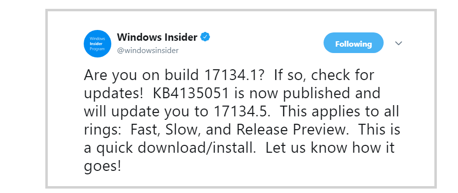 KB4135051 menyiapkan Pembaruan Windows 10 April untuk rilis