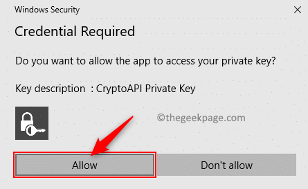 Securitate Windows Permite aplicației să acceseze cheia privată Min