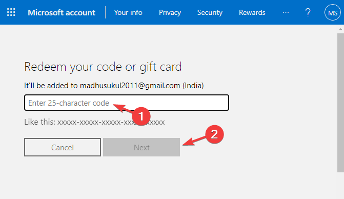 Lös in kod på Microsofts presentkortsinlösensida