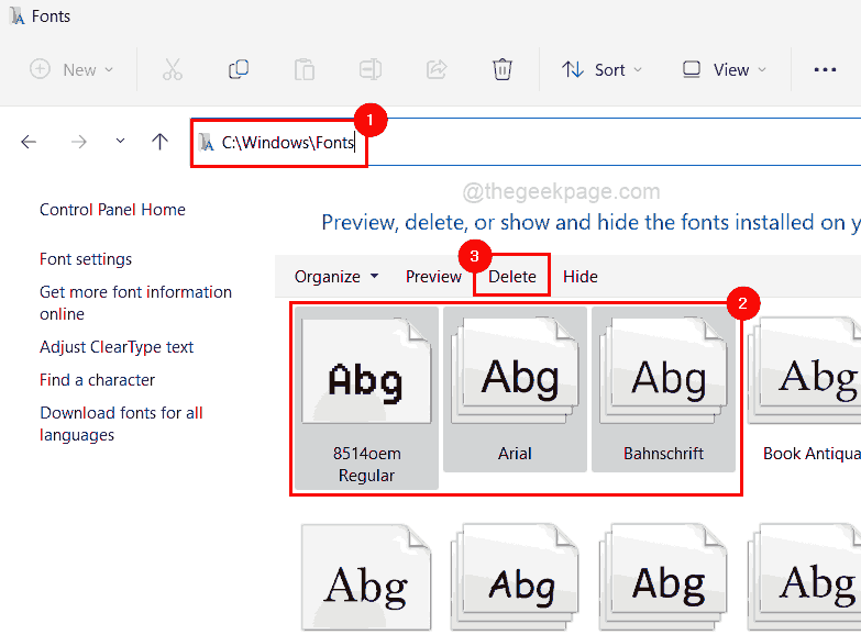 Selectați Fonturi și ștergeți File Explorer 11zon