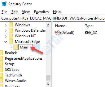 Registry Editor Microsoft Edge เปลี่ยนชื่อคีย์ใหม่เป็น Main