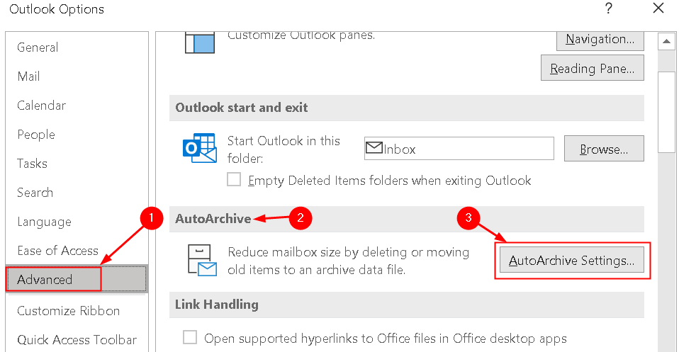 Impostazioni di archiviazione automatica avanzate di Outlook Min