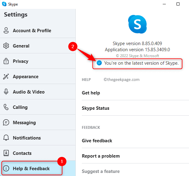 Skype-Einstellungen Hilfe Feedback Update-Status prüfen Mind
