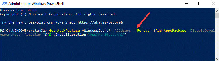 Windows Powershell (व्यवस्थापक) Microsoft Store को पुनर्स्थापित करने के लिए कमांड चलाएँ दर्ज करें