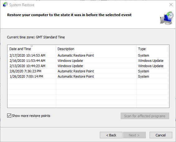 خانة الاختيار إظهار المزيد من نقاط الاستعادة Windows Update Error 0x8024000b على نظام التشغيل Windows 10
