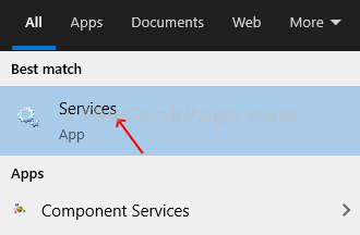 Kattintson a Windows ikonra, írja be a Szolgáltatások parancsot a keresőmezőbe, kattintson az eredményre