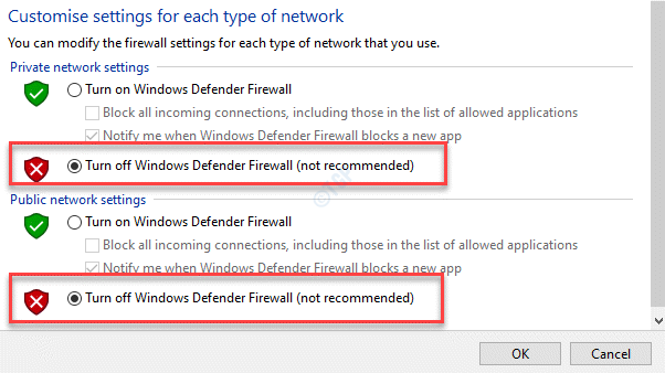 Personnaliser les paramètres Paramètres du réseau privé Paramètres du réseau public Désactiver le pare-feu Windows Defender (non recommandé) Sélectionnez