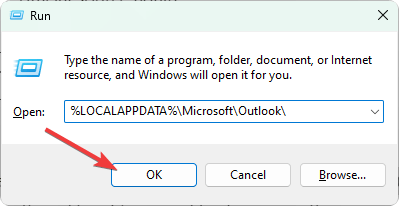 ouverture du dossier de cache Outlook à l'aide de run