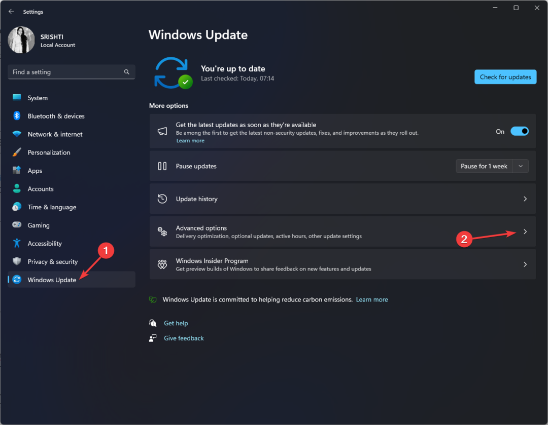 Opções avançadas do Windows Update