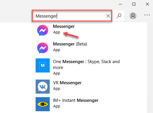 „Microsoft Store“ paieškos juostos „Messenger Messenger“ programa
