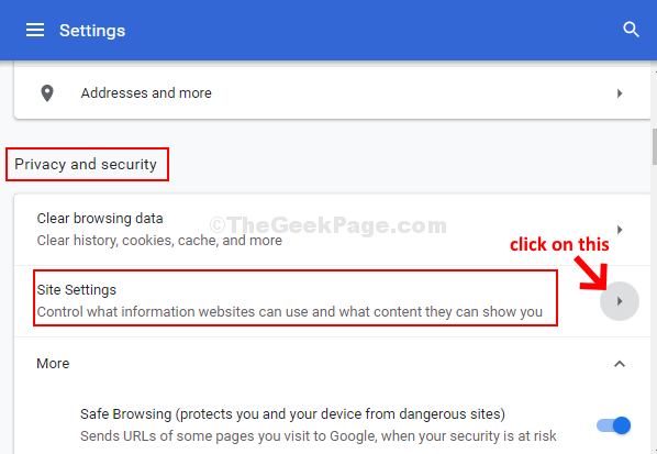 Chrome- ის პარამეტრების კონფიდენციალურობისა და უსაფრთხოების საიტის პარამეტრები