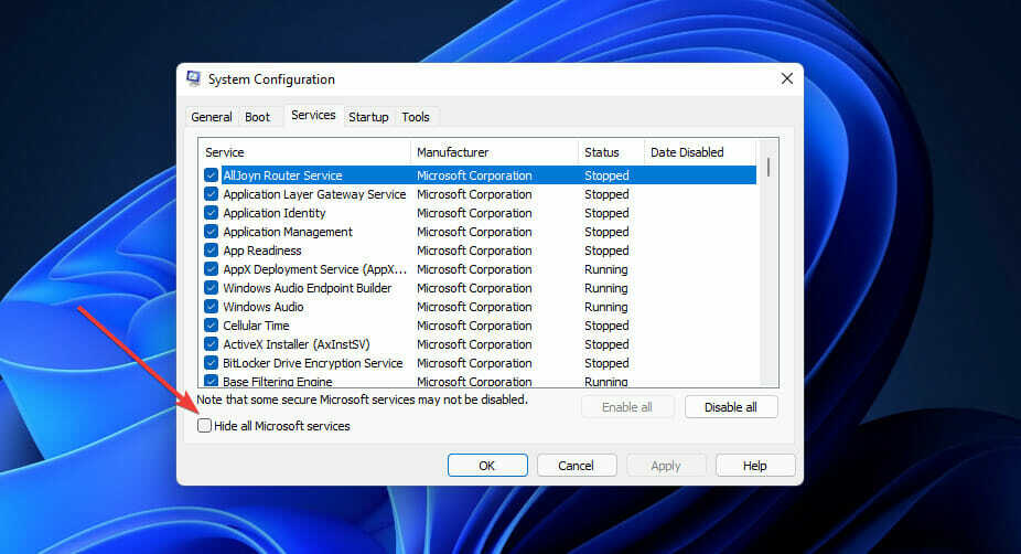 Možnosť Skryť všetky služby spoločnosti Microsoft Windows 11 valorant fps klesá