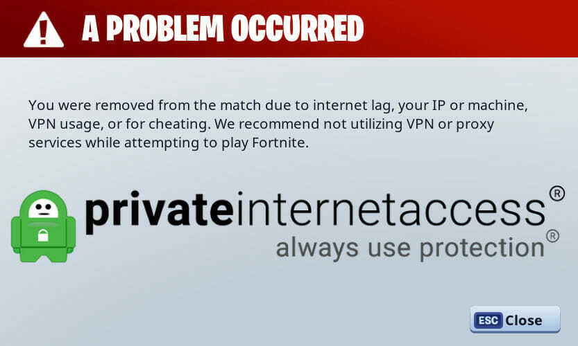 исправити грешку Фортните ВПН користећи приватни приступ Интернету