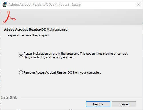 восстановить установку Adobe Acrobat Reader